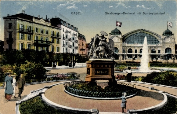 KP Basel City Szwajcaria, Pomnik w Strasburgu, Dworzec Federalny, Fontanna, Park, Krajobraz miejski