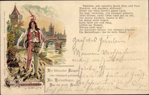 litho Hameln in Nedersaksen, rattenvanger, een reizende zanger...