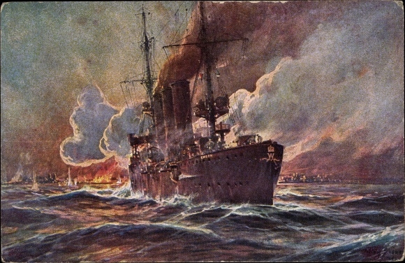 Artist PC Stöwer, Willy, SMS Emden fires at Madras, cruiser, Imperial Navy, I. WW