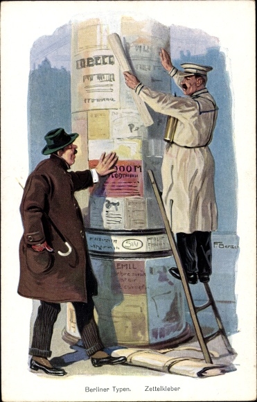Artystyczna pocztówka Bersch, Berlin, typy berlińskie, samoprzylepna etykieta, słupek reklamowy