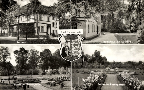 Postcard Bad Tennstedt in Thuringia, coat of arms, spa house, rose garden, bath house, spa park