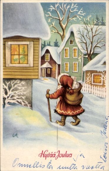 Artist Postcard Congratulations Christmas, Santa Claus, sack, gifts, houses