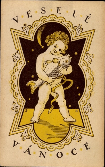 Greeting card Christmas, angel with fish