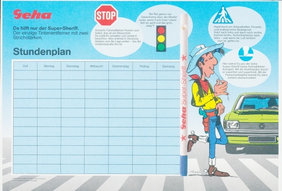 Timetable advertising, Geha student pass, Heinecke school supplies, Lucky Luke