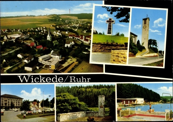Ak Wickede an der Ruhr, Ortsansicht, Kreuz, Kirche, Marktplatz, Schwimmbad