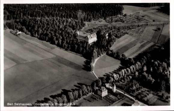 Postcard Bad Salzhausen Nidda in Hesse, aerial photograph of forest landscape, fields, Hesse