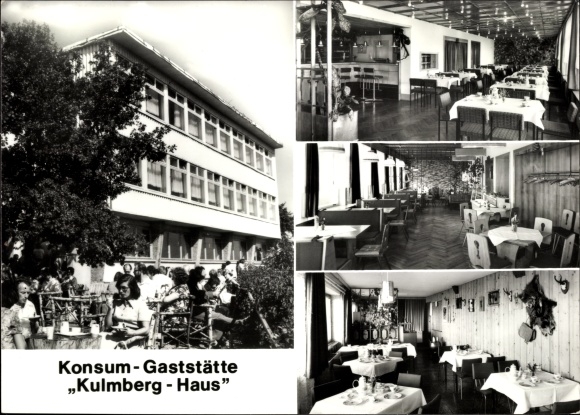Postcard Dorfkulm Unterwellenborn in Thuringia, consumer restaurant Kulmberg-Haus, gnome bar