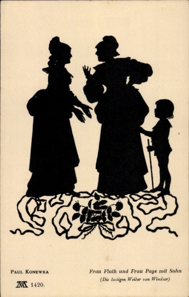 Paper cutting artist Postcard Konewka, Paul, Mrs. Fluth and Mrs. Page with son