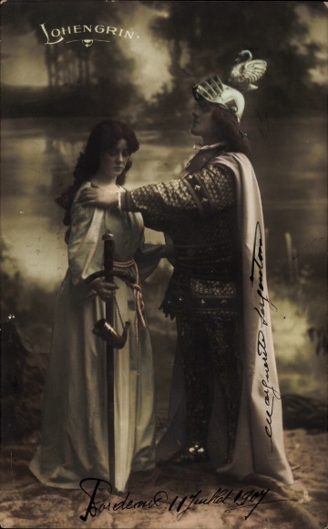 Ak theaterscène, acteur, Lohengrin, ridder, vrouw met zwaard
