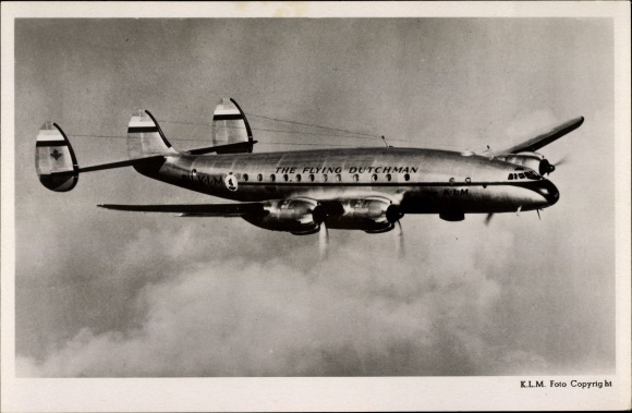 Postcard Dutch passenger plane, Lockheed Constellation LC 49, LC 749, Flying Dutchman, KLM