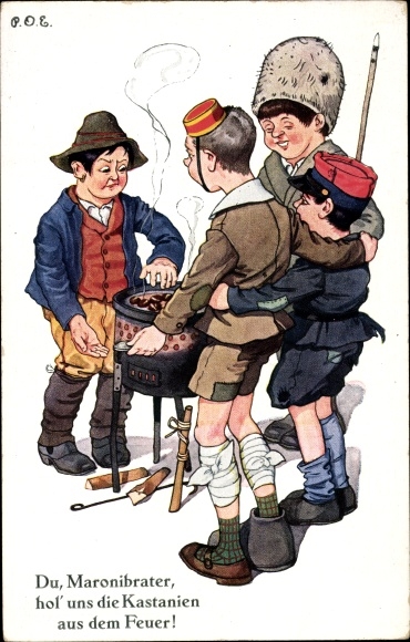 Artist PC Engelhard, POE, you, Maronibrater, get us the chestnuts from the fire, caricature