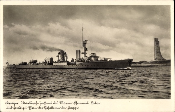 Postcard Naval Memorial Laboe, German Warship, Cruiser Karlsruhe, Navy, Lowered Flag