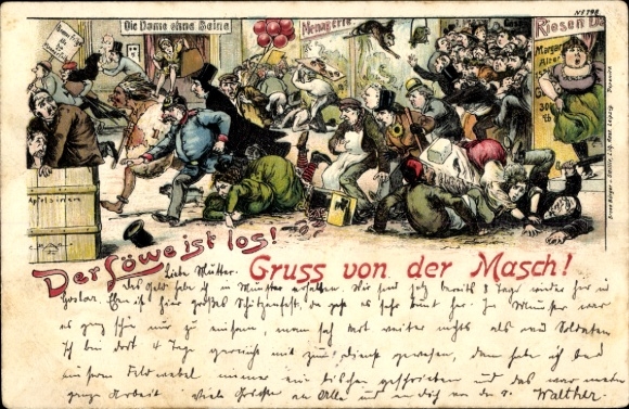 Litho Gruß von der Masch, Der Löwe ist los, Volksfest, Attraktionen, Dame ohne Beine