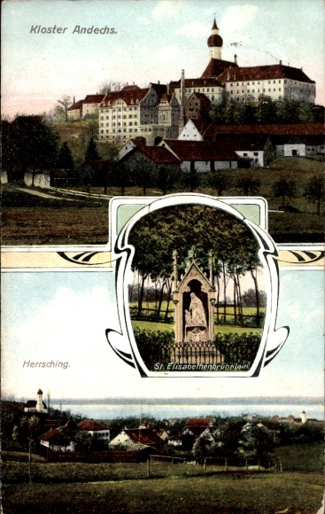 Postcard Herrsching am Ammersee in Upper Bavaria, Panorama, Andechs Monastery, Saint Elisabeth's Well