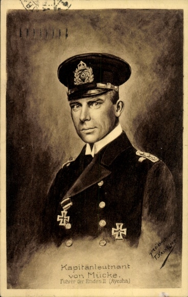 Artist Postcard Kaskeline F., Lieutenant Commander Hellmuth von Mücke, SMS Emden