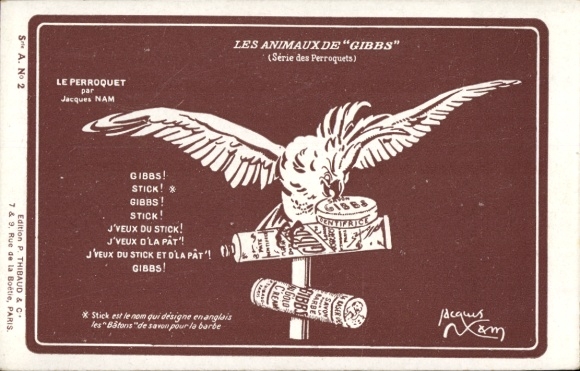 Artists Postcard Nam, Jacques, advertising, Les Animaux de Gibbs, series des Perroquets