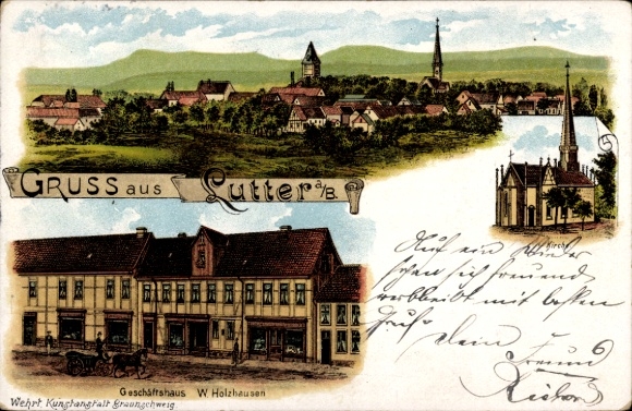 Chromo-Litho Lutter am Barenberge Lower Saxony, commercial building, church, total view