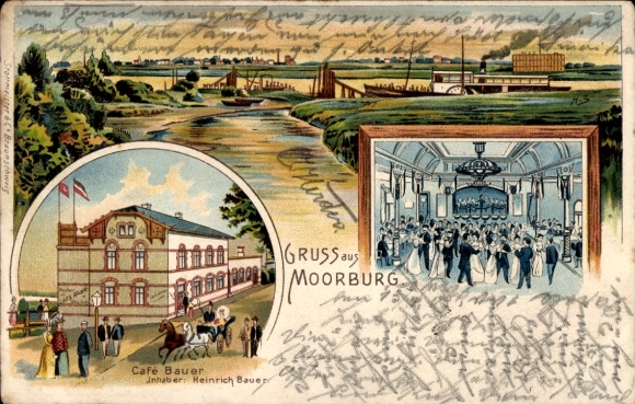 Litho Hamburg Harburg Moorburg, Gesamtansicht, Café Bauer, Tanzsaal