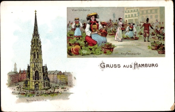Chromo-Litho Hamburg, Vierländerin in traditional costume on the Hofenmarkt, Nicolaikirche