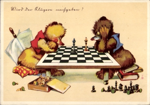 Artist Postcard Humanized animals play chess, We give in to the wiser one