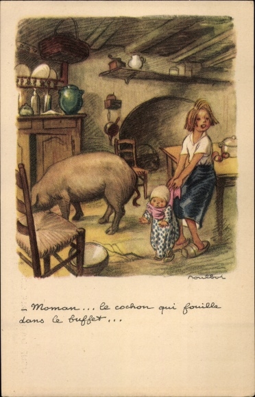 Kunstenaarskaart Poulbot, Francisque, Ligue Nationale contre le Taudis, kinderen en varken in een keuken