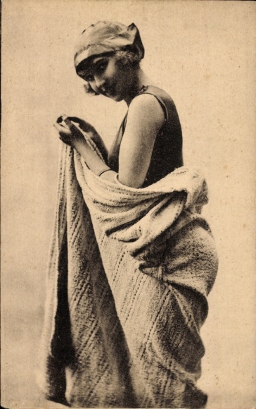 Postcard woman in swimsuit, swimwear, beach towel