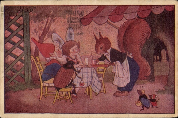 Artist Postcard Restaurant, May beetle, fairy, dwarf, squirrel as waiter