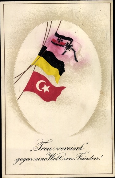 Embossed Postcard Faithfully united against a world of enemies, Germany, Austria, Turkey
