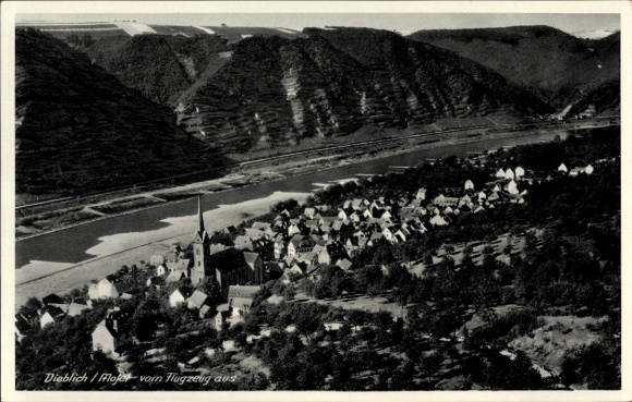 Postcard Dieblich on the Moselle, aerial view of only houses, church, river, mountains