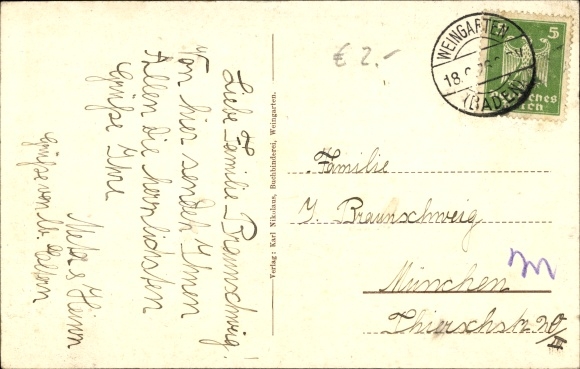 Postcard Weingarten in Baden, view from the Eissberg
