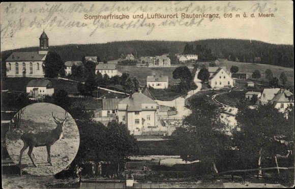 Ak Morgenröthe Rautenkranz Muldenhammer in Vogtland, kerk, stadspanorama, herten
