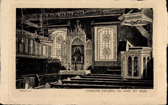 Artist Postcard North Sea resort Spiekeroog in East Frisia, church, interior view