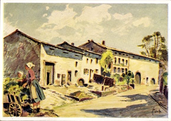 Artist Postcard Ihn Wallerfangen in Saarland, village in the hilly area, street section, women