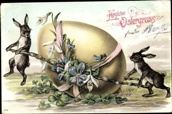Präge Litho Glückwunsch Ostern, Zwei Osterhasen tragen ein Osterei, Kleeblätter