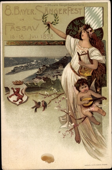 Postwaardestukken litho Passau in Neder-Beieren, 8. bayr. Songfestival 1898