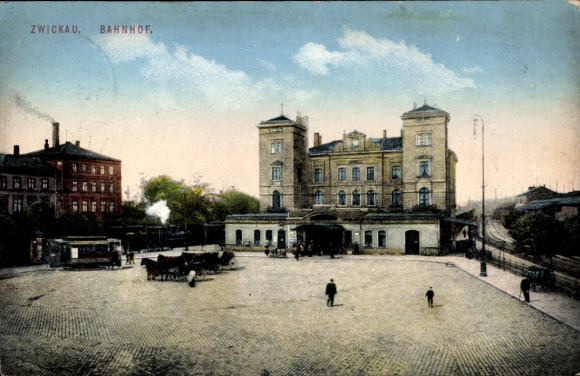 Postcard Zwickau in Saxony, train station, tram