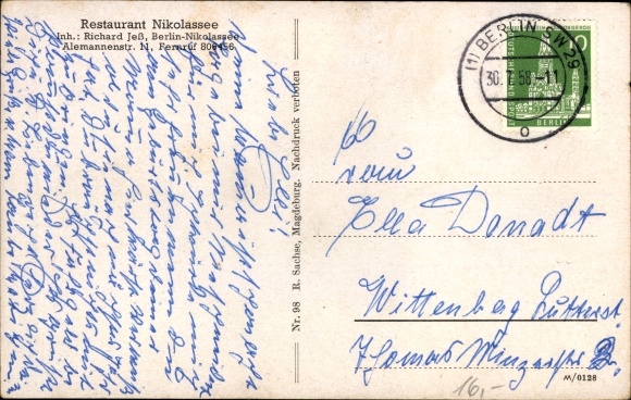 Postcard Berlin Zehlendorf Nikolassee, church, train station, restaurant Nikolassee, Alemannenstraße 11