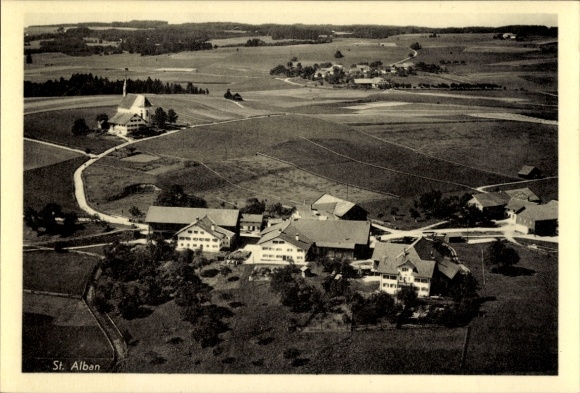 Postcard Görwangs Aitrang in Swabia, pilgrimage church of St. Alban, aerial photograph
