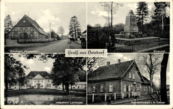 Postcard Hoisdorf in Schleswig Holstein, Holstentor School, Memorial, Lichtensee Retirement Home, Shop