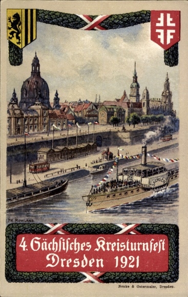 Artist Postcard Dresden Old Town, Frauenkirche, 4th Saxon District Gymnastics Festival 1921, Steamer Saxony