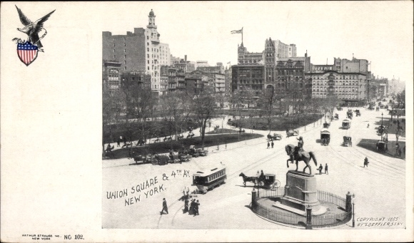 Postcard New York City USA, Union Square and 4th Avenue, monument, cable car