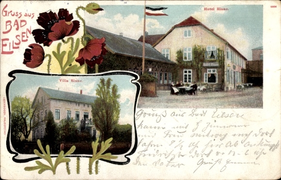 Postcard Bad Eilsen in the district of Schaumburg, Hotel and Villa Rinne, exterior view, guests, poppies