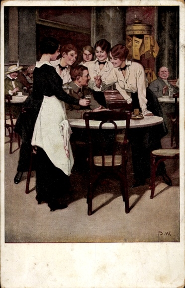 Artist Postcard Wennerberg, Bruno, regular guest, soldier at the table, waitresses