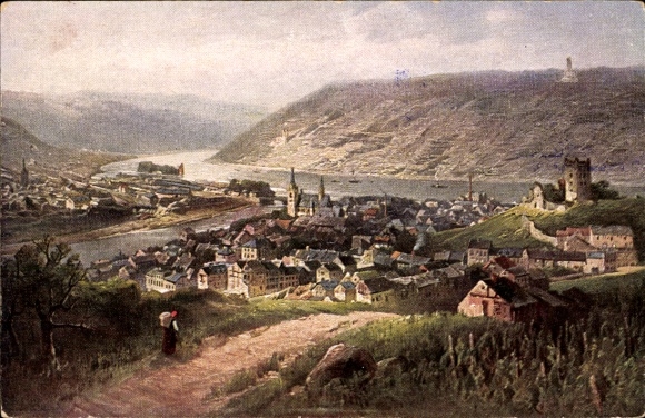 Postcard Bingen am Rhein, picturesque landscape, architecture, Rhine, river, mountains, romantic valley