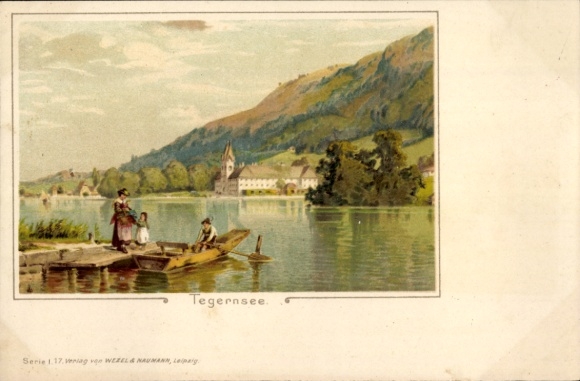 Artist Chromo-Litho Tegernsee District Miesbach Upper Bavaria, boat dock, house