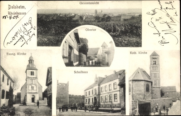 Postcard Dalsheim Rheinhessen, general view, school, catholic and protestant church, upper gate