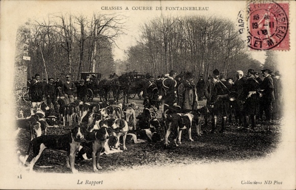 Ak Fontainebleau Seine et Marne, Hunde, Jäger, Kutschen, Jagdgesellschaft, Wald