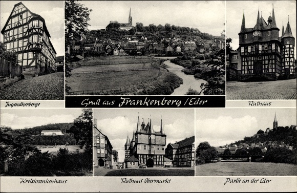 Postcard Frankenberg an der Zschopau Saxony, town view, youth hostel, town hall, hospital, town hall