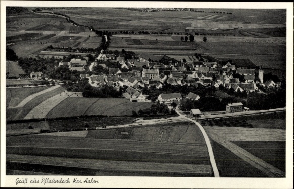 Postcard Pflaumloch Riesbürg in Württemberg, aerial view of the village, fields, streets, houses, church