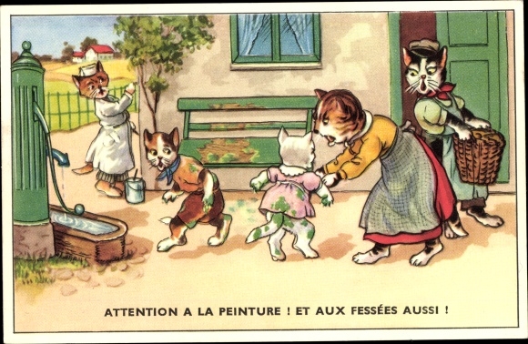 Postcard Humanized cats, freshly painted bench, painters, kittens